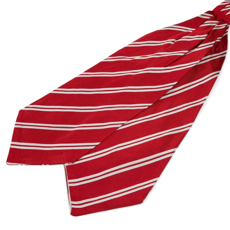 Silver-Tone Twin Stripe Red Silk Cravat for Men