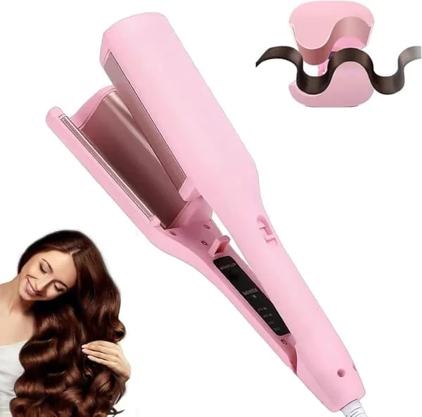 Curling iron 32 mm with 4 temperature settings - French wave iron for beach waves and large curls, for all hair types pink pink