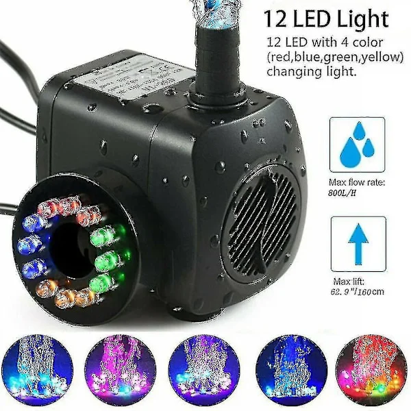 15w 800l/t Fontene Pumpe Dam Pumpe Vannlek Pumpe Hage Pumpe Pumpe Fontene Med 12 Led