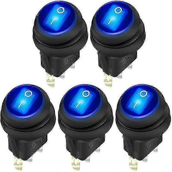 12V 20A Waterproof Rocker Switch Blue LED Illuminated Round ON OFF 3 Pin 12 Volt Weatherproof Lighting for Marine Car RV Truck - 5 Pack
