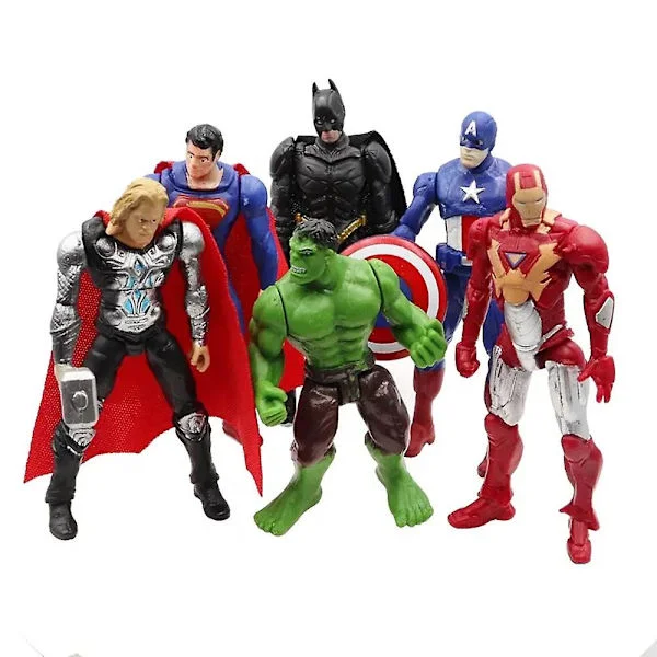 6 stk./sæt Marvel DC Superhelt Actionfigurer Legetøj Superman Iron-Man Captain America Batman Hulk Thor Legesæt Legetøj Børne Kage Dekoration