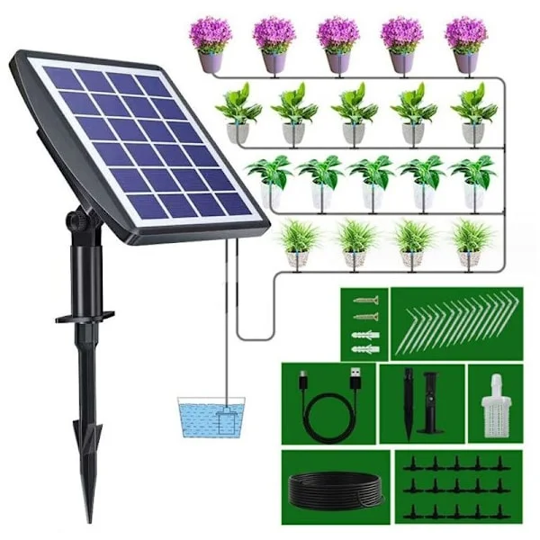 Automatic Solar Powered Irrigation System, Drip Irrigation Kit, with Timer for Balconies, Terraces and Gardens.