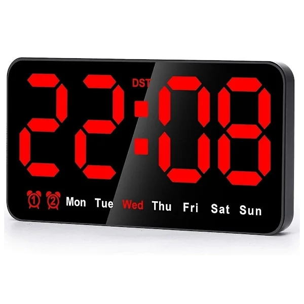 Digital klokke, 9-tommers LED digital klokke stor skjerm 12/24t, store tall, liten stille vegg