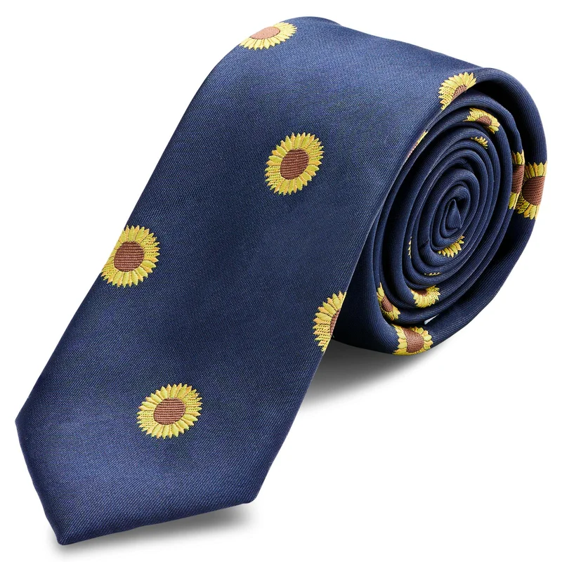 Corbata estrecha azul marino con girasoles para hombres - Corbatas estrechas