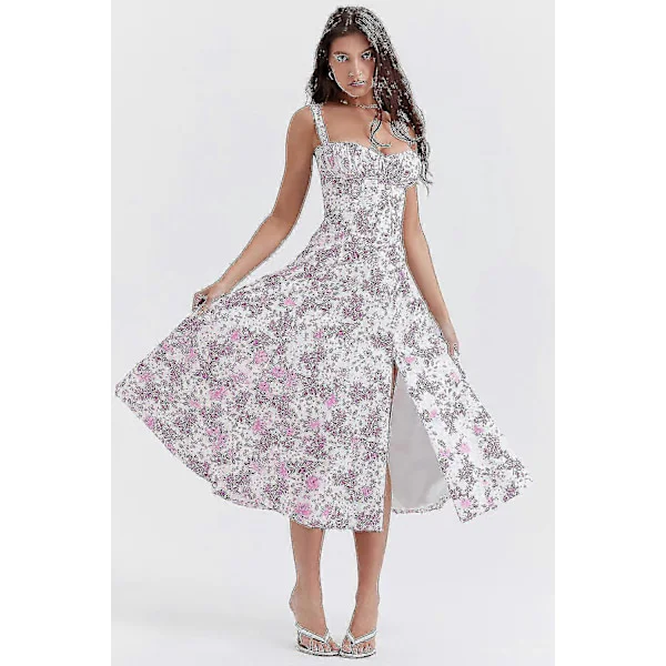 Blomstrete Boho Midi Bustier Kjole Dame Carmen Trykk Sommer Strand Swing Kjoler