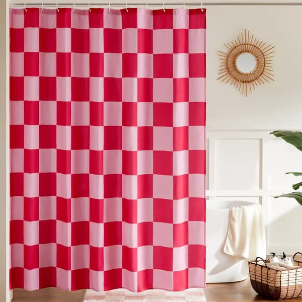 Rosa rutigt duschdraperi för badrum, vackert retro rutigt duschdraperi, vintage estetik, maskintvättbart, 180 x 180 cm
