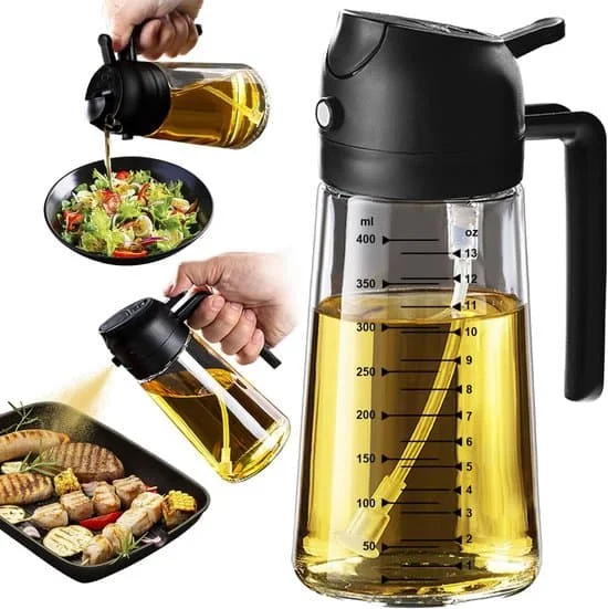 2-i-1 Olivenoljedispenser - 450 ml glassflaske med spraydyse - Mindre olje til airfryer og salat - Sunt koketilbehør - Oljeflaske - Svart