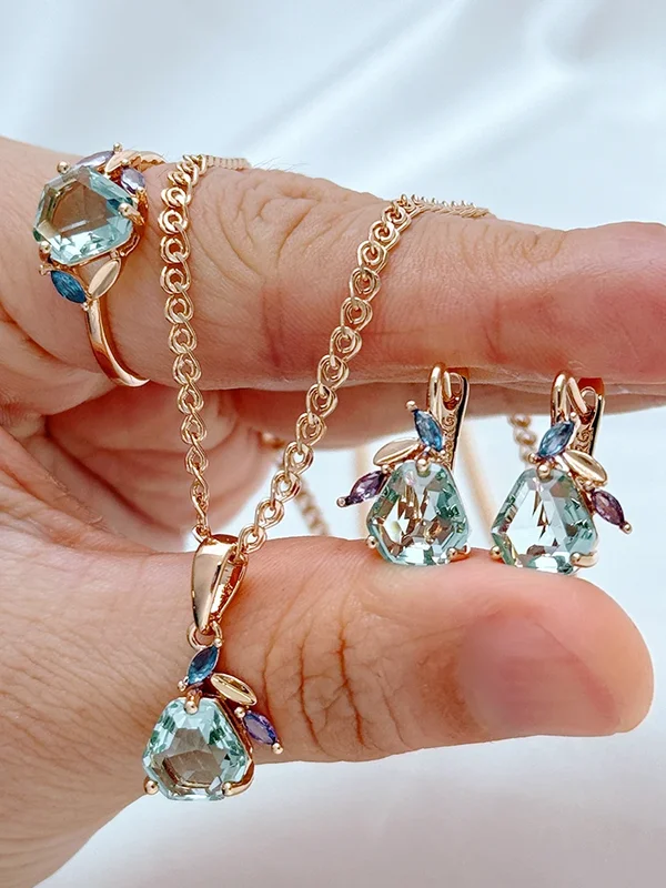 AliExpress - Kinel Einzigartiger grüner Stein-Ring, Ohrringe, Halskette für Frauen, 585er Roségold, Farbe mit Raute, natürlichem Zirkon, Vintage-