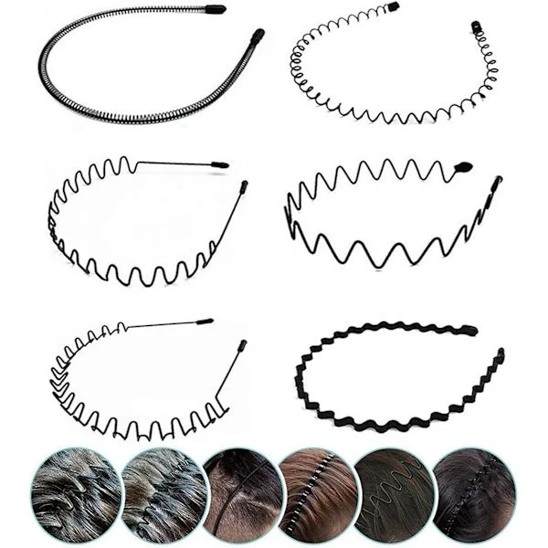 Elastic Wavy Spring Hair Band, Black Non Slip Metal Multi-Style Unisex Sports Fashion Headband Accessory for Women and Men (6 Pieces)