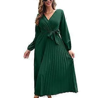 Women's Lantern Sleeve High Waist Belt Pleated Wrap V-Neck Dress for Winter Autumn Ladies Girls