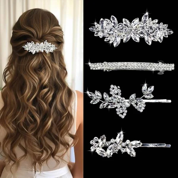 4 Pcs Rhinestone Leaf Hair Pins, Silver Crystal Wedding Hair Clips, Bridal Hair Pins for Bride Bridesmaids Flower Girls Silver
