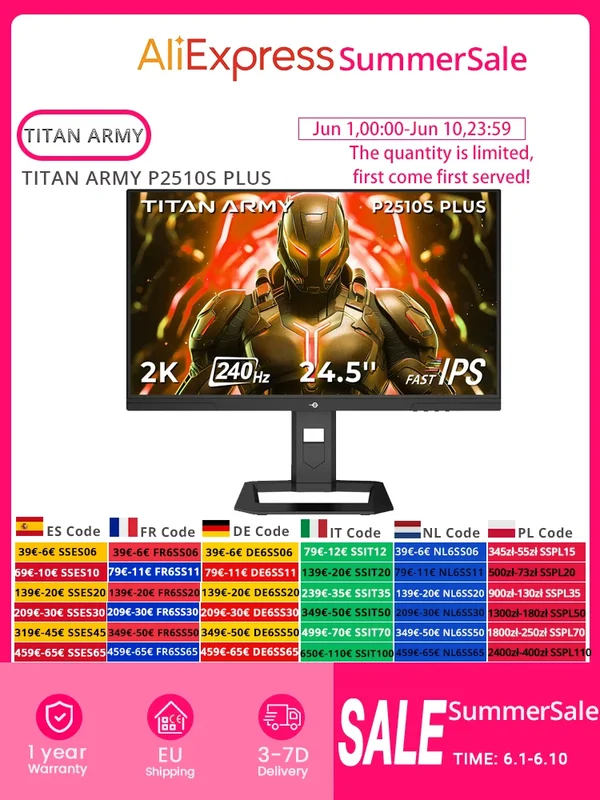 AliExpress - TITAN ARMY P2510S PLUS Flacher 16:9,24,5 Zoll Fast IPS QHD 240Hz Gaming-Monitor, 2560×1440 Auflösung, HDR500 Visuals, VESA 100×100
