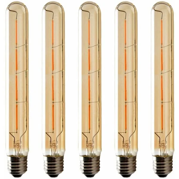 5-pak T225 Lange Rørlamper, Edison LED Filament, 6W E27 Sokkel Varm Hvid, Gult Glas til Dekorative Lamper, AC 220-240V