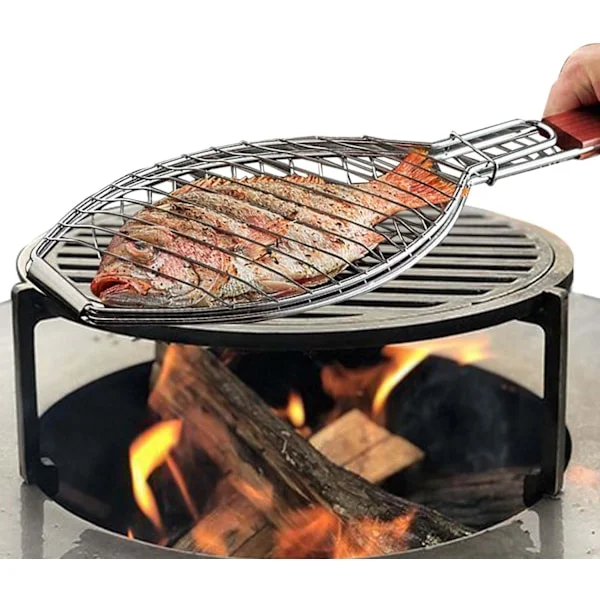 Grillkorg för fisk i rostfritt stål, stark grill med trådar i rostfritt stål och handtag, perfekt för att grilla grönsaker, fisk, räkor, 