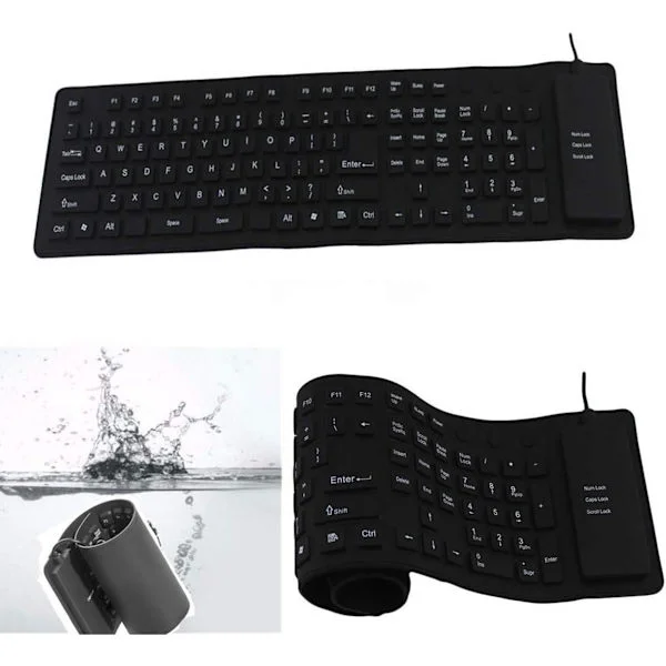 Silikon tangentbord, 109 tangenter Vattentät Bärbar Flexibel Tangentbord, Fällbart Tyst Tangentbord med USB 2.0 för PC Laptop (Svart)