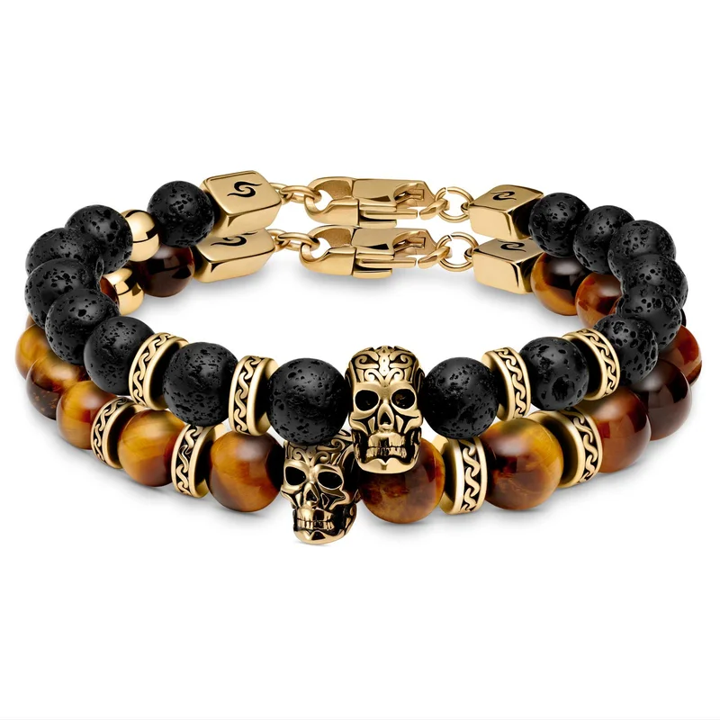 Rico Gold-tone Lava Rock and Tiger’s Eye Skull Bracelets for Men - Beaded bracelets