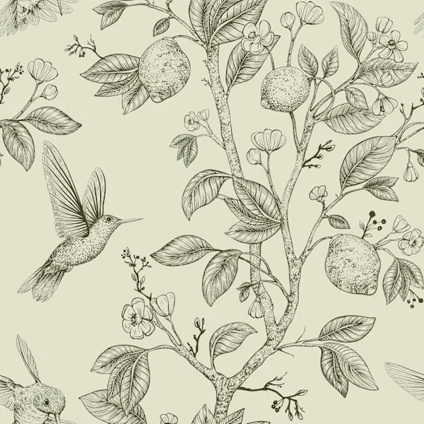 Beige Blommig Tapet, Självhäftande Papper för Vintage Möbler, Citron Väggmålning, Panoramisk Tapet, Blad och Fåglar Tapet
