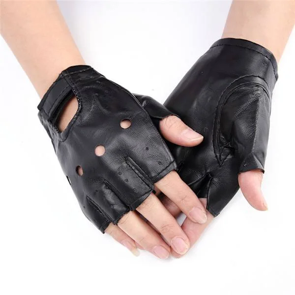 PU Leather Black Driving Gloves Motorcycle Biker Fingerless Gloves Men Black