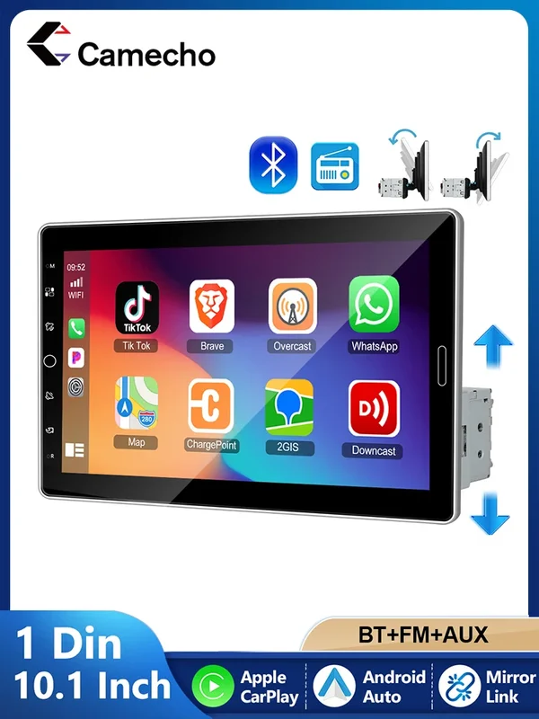 AliExpress - Camecho 1Din Radio 10.1 ''HD écran rotatif autoradio Bluetooth FM Radio filaire Carplay/Android Auto 1 Din lecteur multimédia