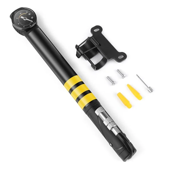 Sykkelpumpe med trykkmåler og forlenget slange, mini sykkelpumpe egnet for Schrader- og Presta-ventiler