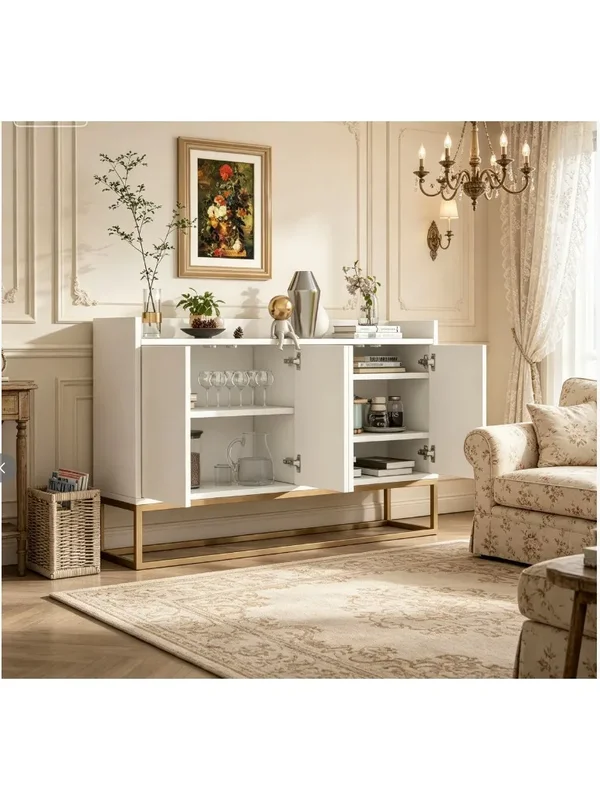 AliExpress - Rosahqnda Sideboard, Kommode, Blau, Küchenschrank mit 4 Türen, Kommode & Sideboard, Holz, Griffloses Design, verstellbare Regale, 