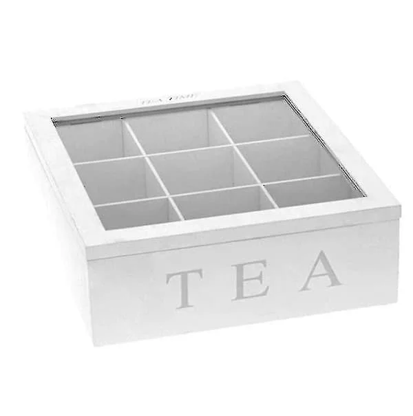Trälåda för te, Tebox i vitt, Tebox med 9 fack, Stor tepåse-låda, Vit