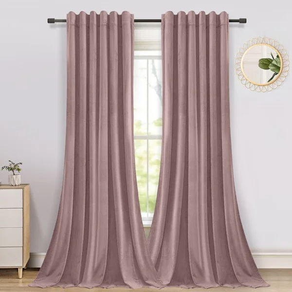 Set med 2 Mörkläggande Gardiner i Sammet 132x244cm Tjocka Isolerar Värmen Gardin för Fönster Sovrum, Vardagsrum - Rosa