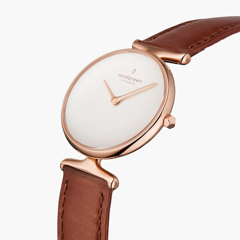 Nordgreen Best Women's Slim Designer Watch - Rose Gold Case - White Dial - 32mm Brown Leather Strap White Dial Unika
