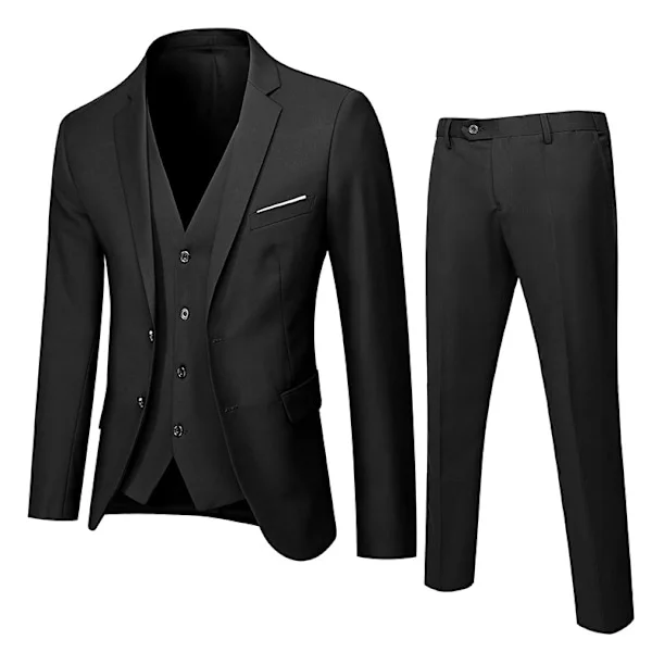 Herre 3-delt Slim Fit Jakkesæt, Ensfarvet Jakke Vest Bukser Sort