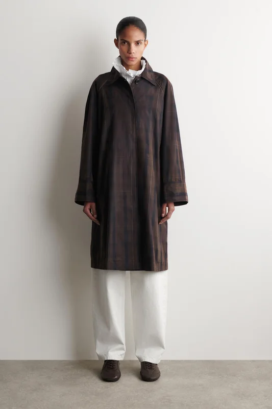 COS Women's Checked Waxed-Cotton Car Coat in Brown