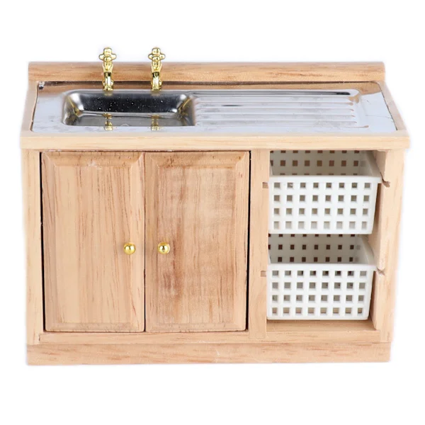 1:12 Miniatyr Dockhus Trä Tvättställ Litet Utsökt Minimöbler Badrumsvask för Dockhus Kök Inredning Träfärg