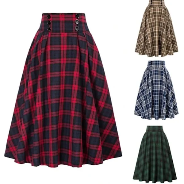 【SZST】Rutiga Ullkjolar för Kvinnor A-linje Tartan Långa Kjolar Grön L