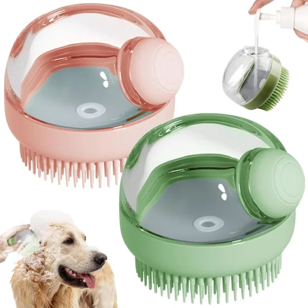 2-i-1 Hundebadebørste med Sæbedispenser: Kæledyrspleje Massage Shampoo Børste, Blød Silikone til Hunde og Katte med Langt/Kort Hår