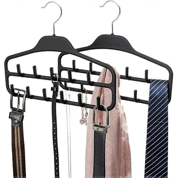 Belt Hanger 2-pack, Non-slip Tie Storage, Durable Hanging Wardrobe Accessory Hooks for Belts, Ties, Jewelry, Scarves, Vests, Black