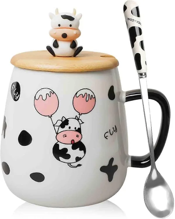 Söt Ko Kaffemugg Med Lock Och Sked, Keramisk Ko Kaffemugg, 420ml Kawaii Ko Muggar, 3D Djur Ko Mugg Perfekt Present Till Pojkar (ballong Ko)
