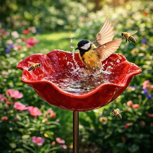 Metal Bird Bath with Flowers, Handmade Garden Stake, Winter-Resistant Bird Bath and Insect Water, Garden and Patio Bird Bath 1pc[GPA]