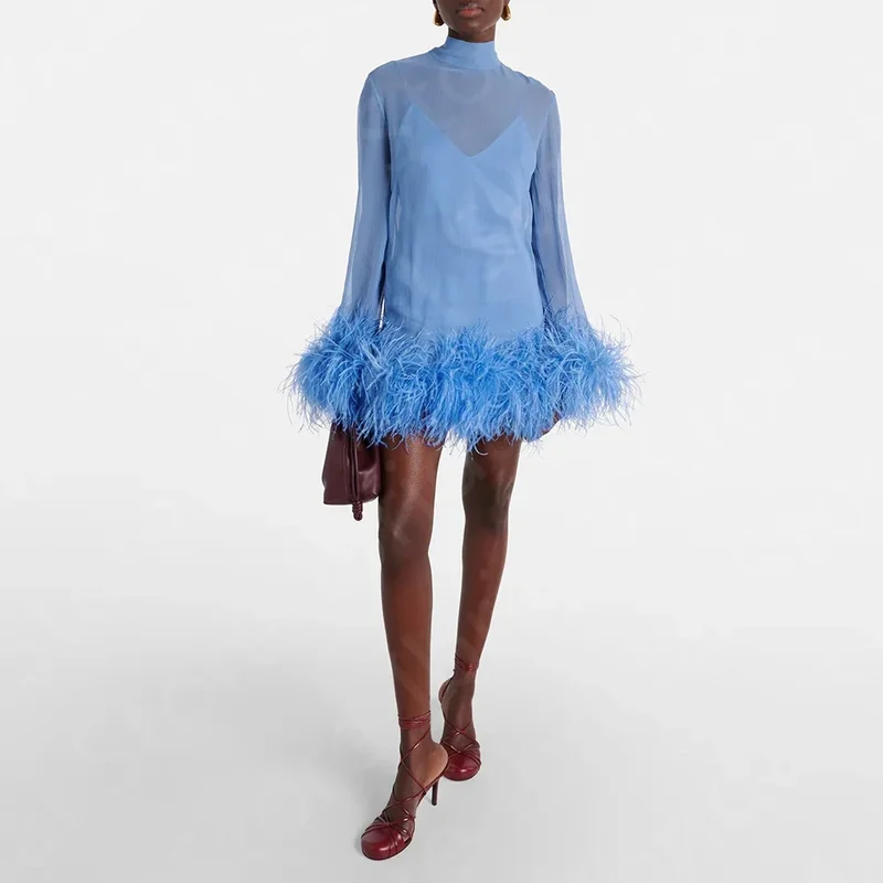AliExpress - Neueste himmelblaue Cocktail party Kleider Mini Länge Feder kleid Heimkehr Kleider lange Ärmel Hochzeit Gast Kleider hohen Hals