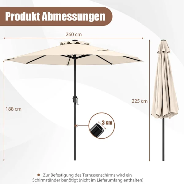 Parasoll 250 cm med vev och 8 ribbor, beige
