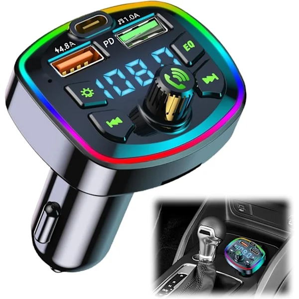 Bluetooth Bil FM-sender Bluetooth 5.0 Biltilbehør, Håndfri Bil Bluetooth, Bluetooth Bilmusikkadapter, 2 USB + Type C [4.8A + 18W PD]