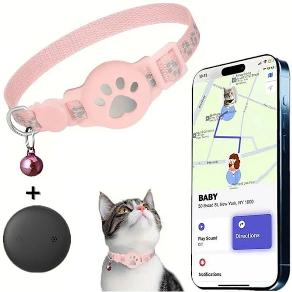 Katt GPS-spårare i realtid – Ingen månadsavgift, Kompatibel med Apple Find My (iOS), Ingen SIM, Halsband för AirTag