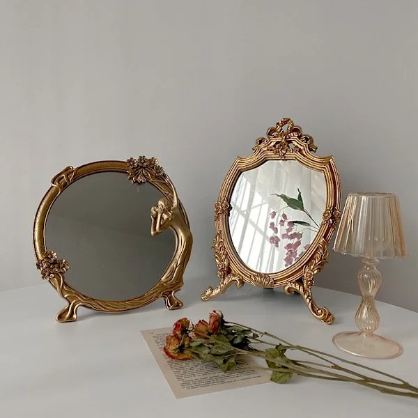 Stort rundt harpiks makeup vintage bordspejl