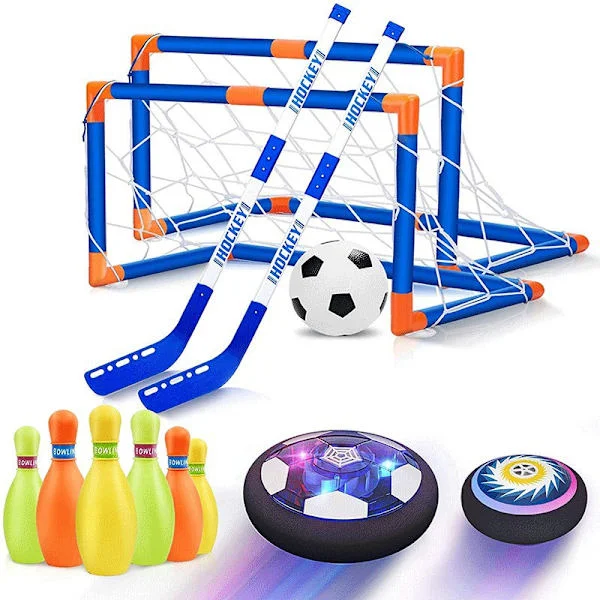 3-i-1 Hover Fotboll Hockey Bowling Set, Inomhus- och Utomhusleksaker för Barn i Åldern 3-12, Utomhusleksaker med LED-lampor, Jul- och 
