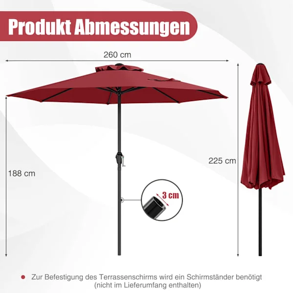 Parasoll 250 cm med vev, 8 ribbor, vinröd