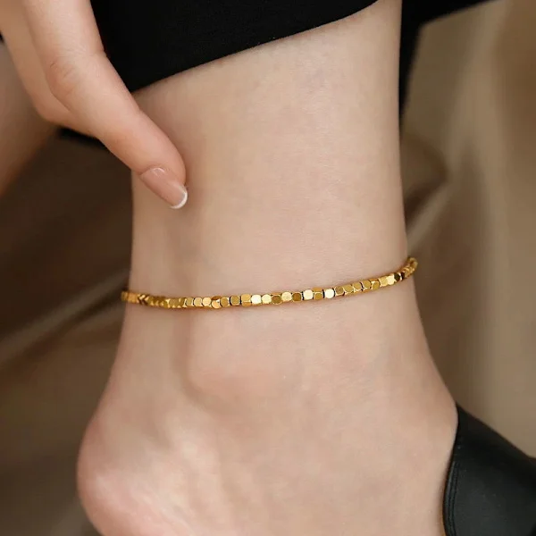 Women's 18K Gold Plated Stainless Steel "Lucky Bead" Cube Chain Anklet/Bracelet