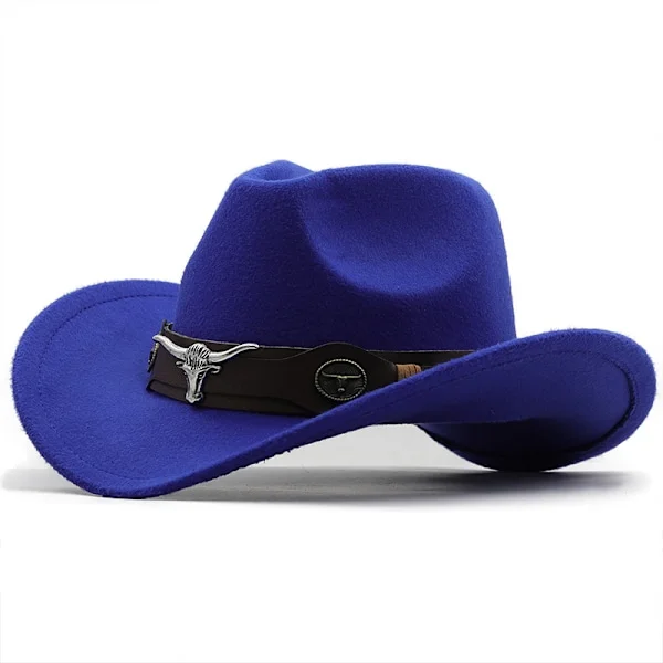Cowboyhatt för barn, pojkar och flickor, westernhatt i filt, jazz fedora, cowboyhatt för flickor med bältesspänne (Safirblå)