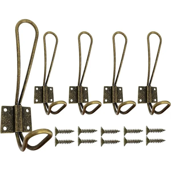 Bronze Wire Hanger, 5-pack Vintage Iron Wall Hooks Heavy Duty Double Metal Hangers with Screws for Jackets, Hats, Keys, Bags, Bathrobes