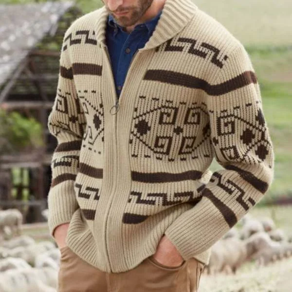 Khaki cardigan med glidelås for menn, jacquardstrikket genser, varme klær for høst/vinter