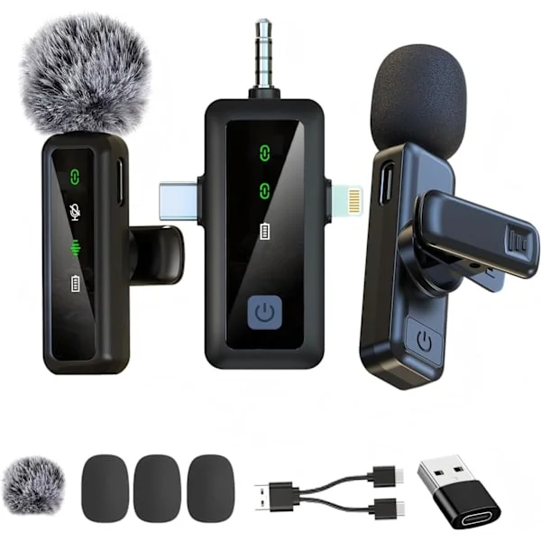 Trådlös Lavalier Mikrofon - 3 i 1 Mikrofon - Mini Lavalier Mikrofon med Mute/Reverb/Brusreduceringsfunktion - Lämplig för IOS, Android-telefoner