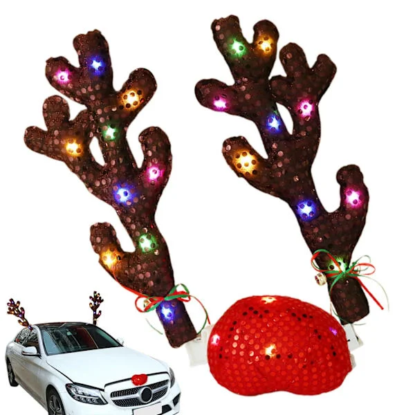 Bil Renhorn Horn Jul Renhorn Dekorasjon Renhorn Horn Bilsett Med LED-lys Jul LED-lys Bil Renhorn Dekorasjon Sett For Bil