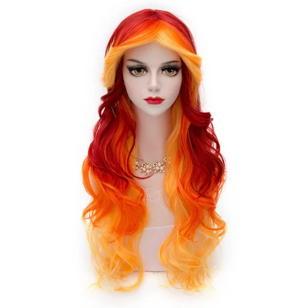 Orange Gul Peruk för Kvinnor, Flickor Lång Lockig Vågig Peruk 29.5 Tum Cosplay Fluffy Peruk Syntetisk Ombre Peruk (Gul till Orange till Röd)